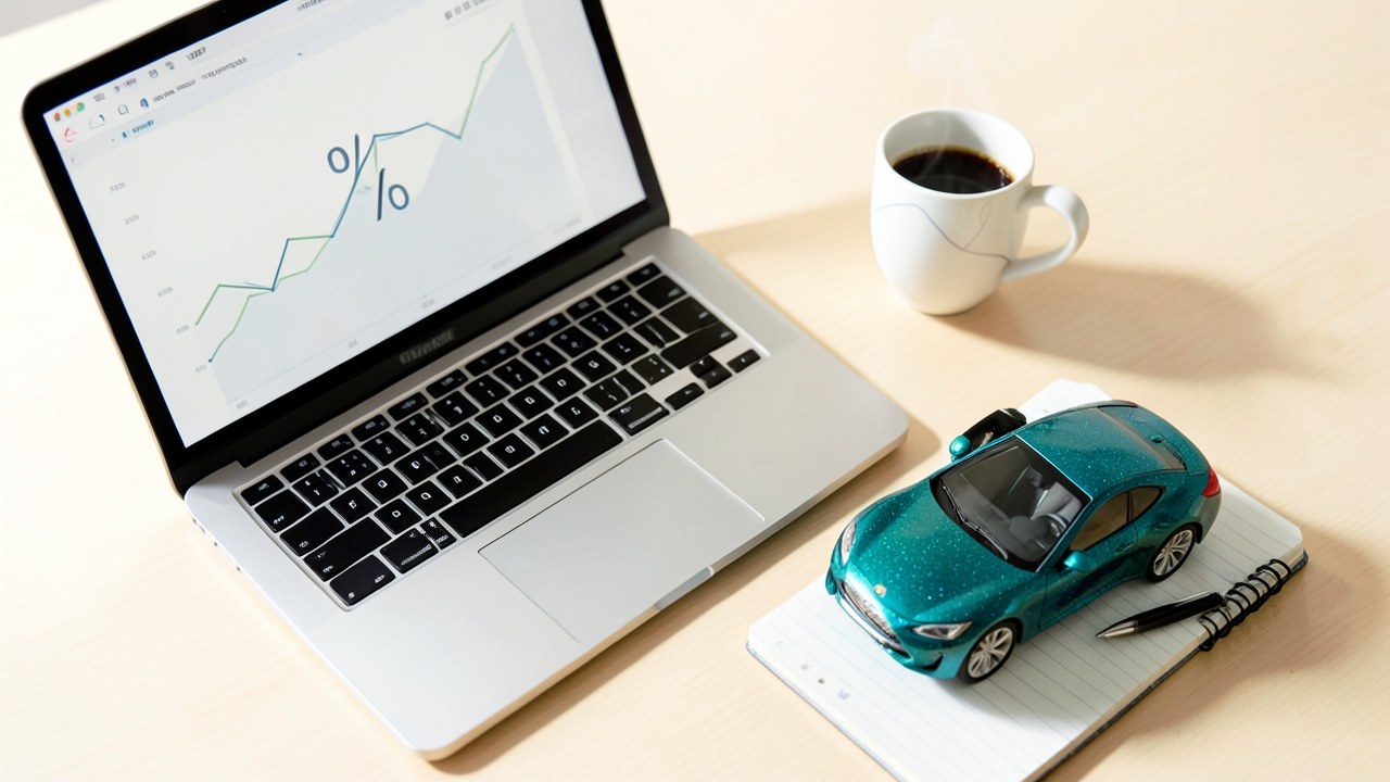 A modern, clean desk scene with a laptop displaying financial charts, a small model car, and a cup of coffee, symbolizing research and planning for a car loan.