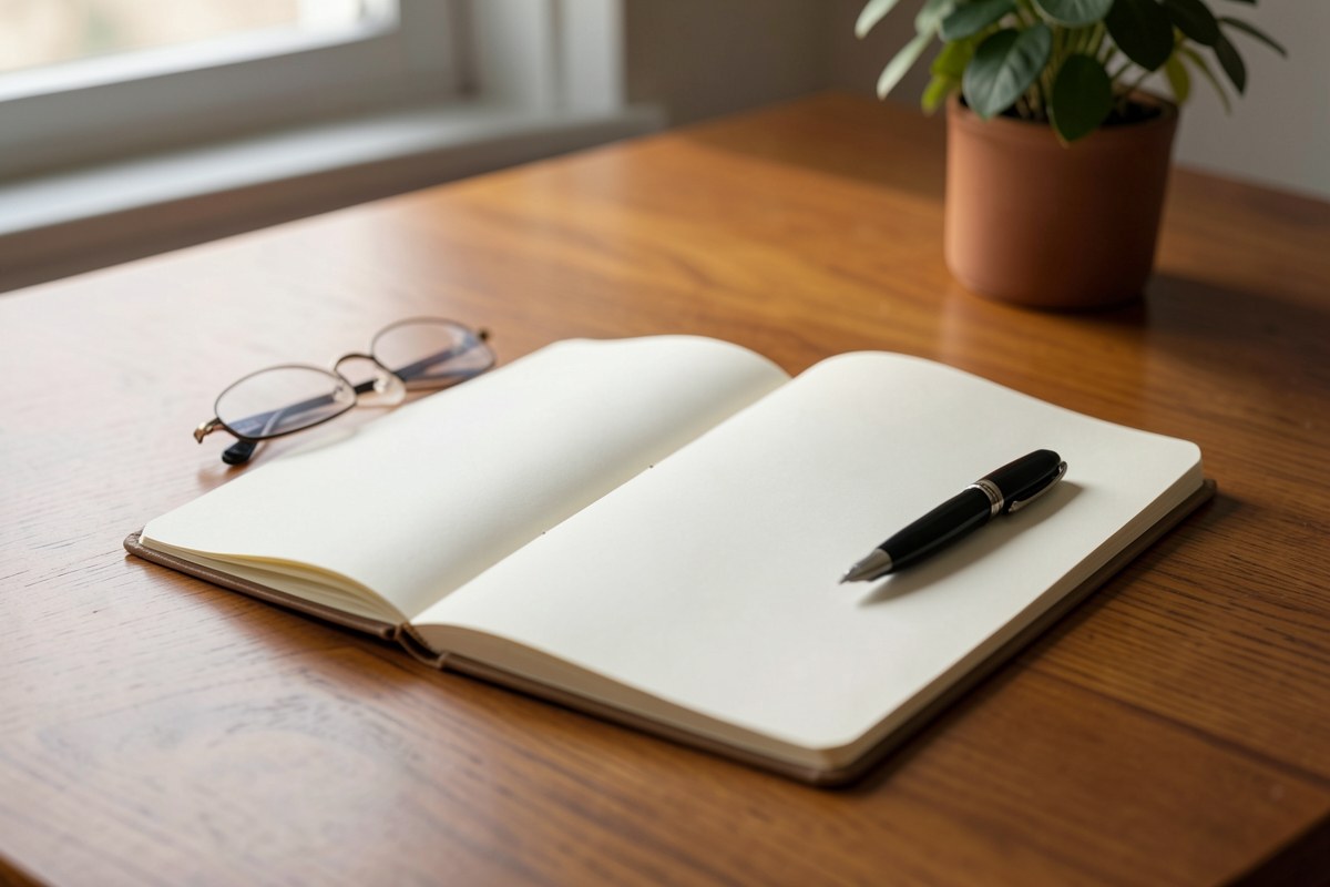 An open notebook on a clean surface, with a pen and a pair of glasses, suggesting thoughtful editorial work.