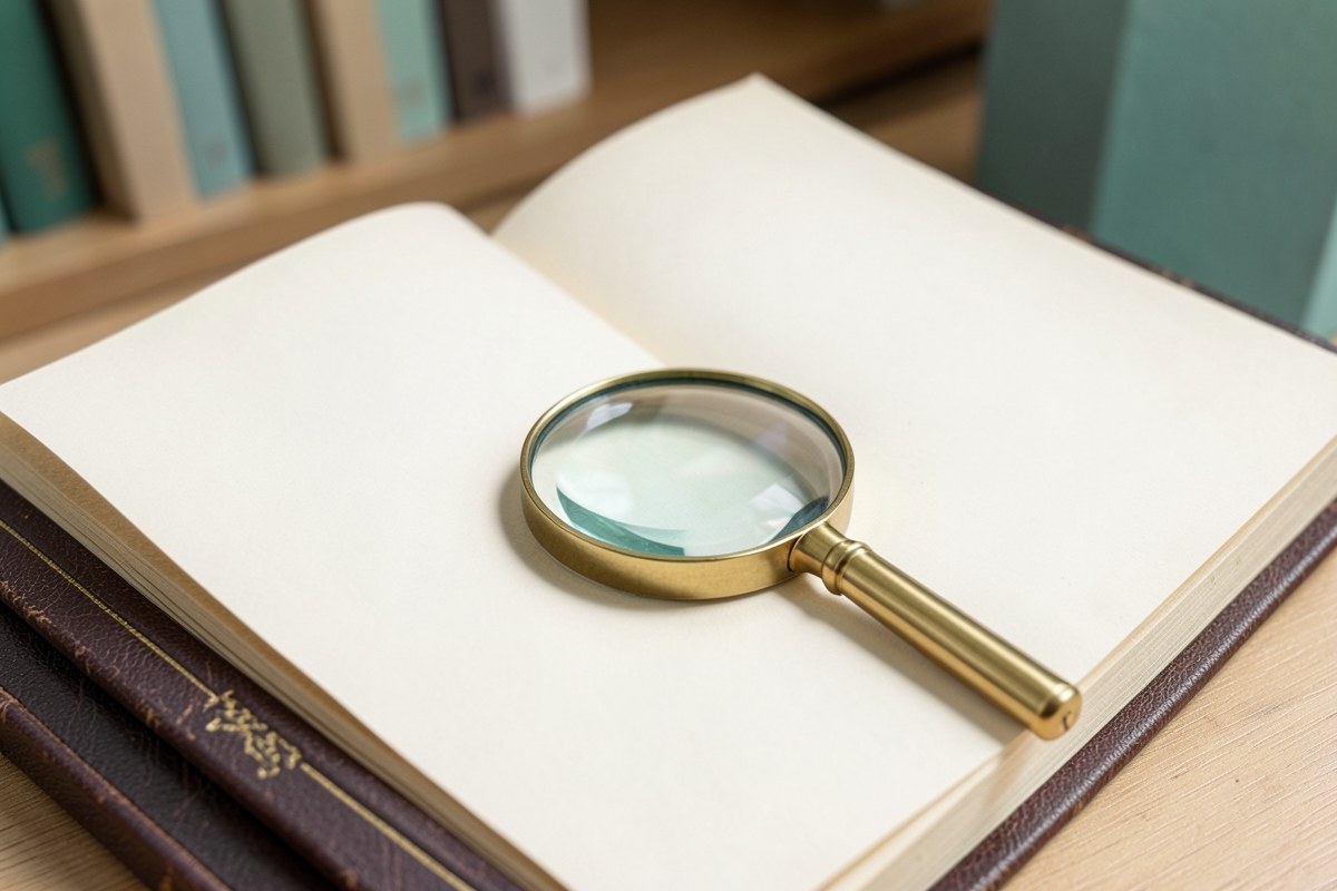 An open book and a magnifying glass on a table, symbolizing research and fact-checking.