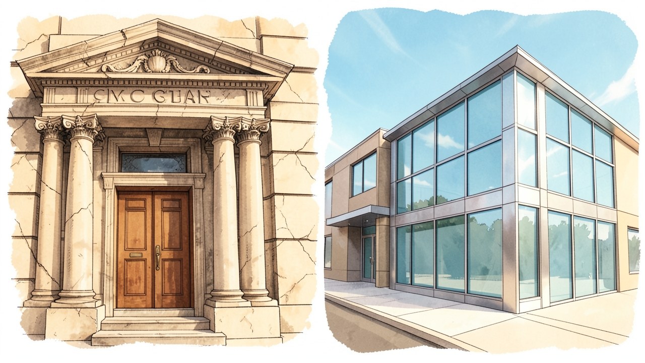 Two different buildings, a bank and a modern credit union office, are shown side by side in a split screen, representing different lender options.