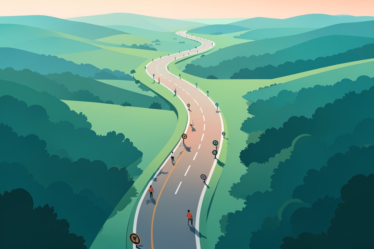 A visual representation of a loan term: a long winding road stretching to the horizon with small markers showing years.