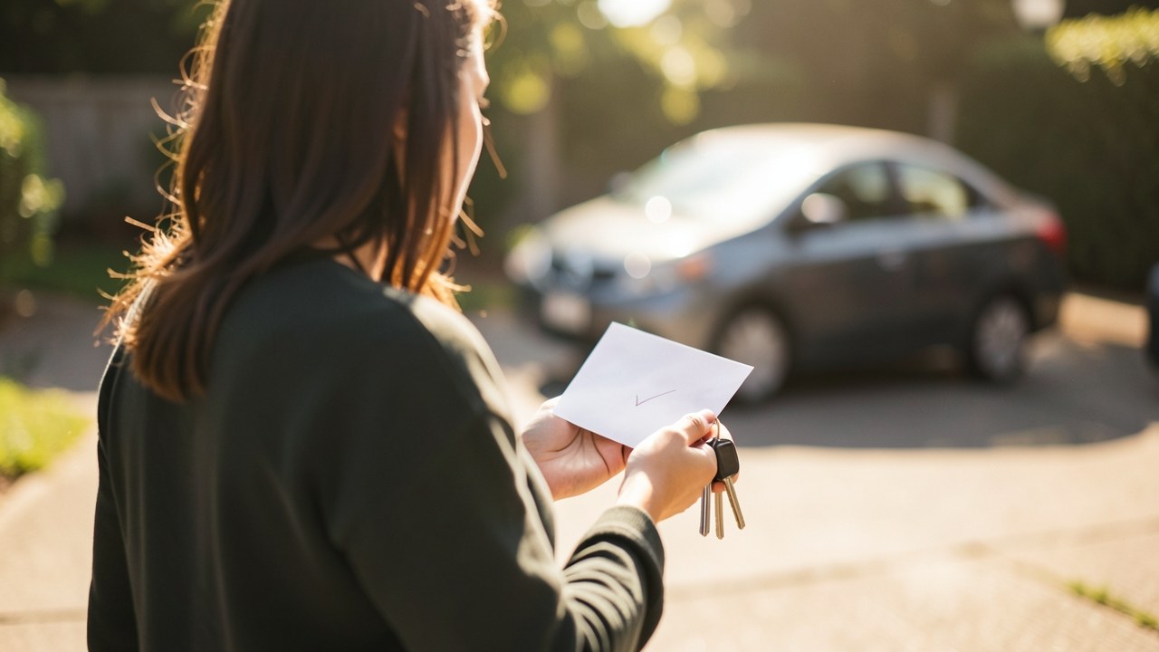 A person holding a pre-approval letter and car keys, standing near a car, symbolizing the completed financing step.