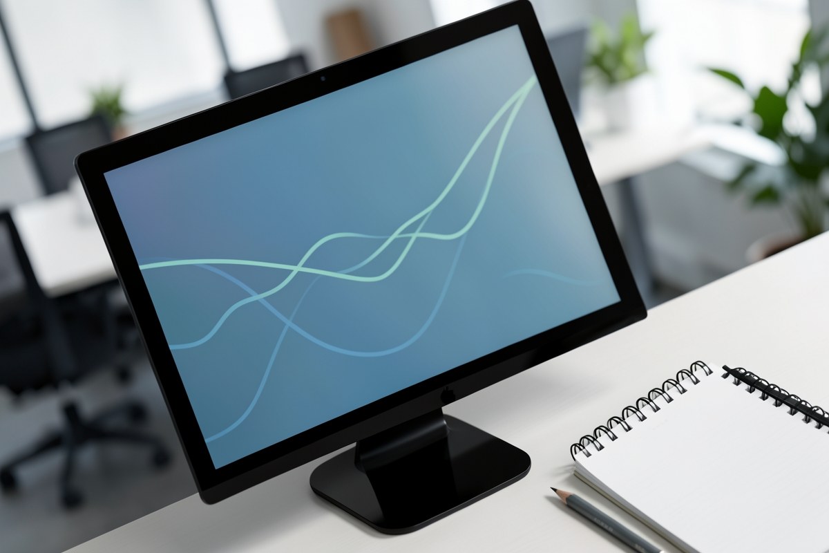 A close-up of a digital chart on a screen showing an upward trending graph, with a pencil and notepad nearby.