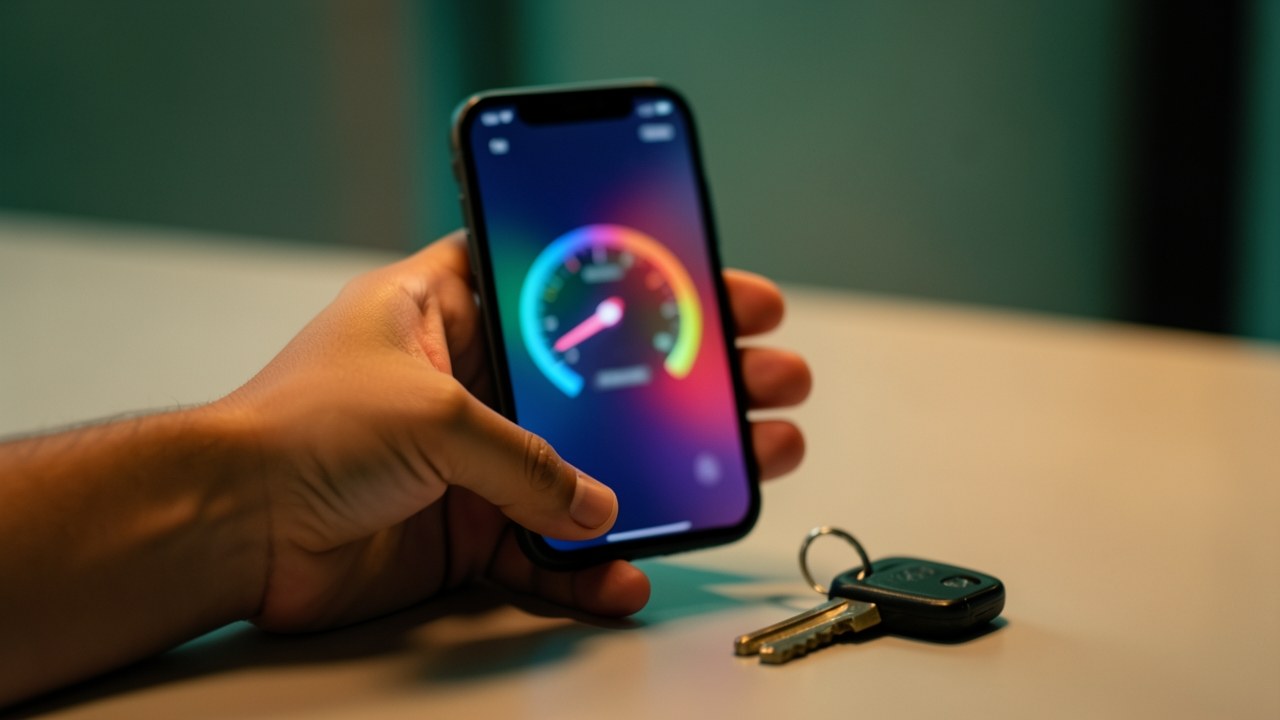 A person's hands holding a smartphone showing a credit score gauge, with a car key in the background.