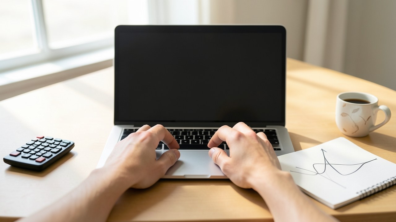 A person calculating a car payment on a laptop with a calculator and a cup of coffee nearby, on a clean desk.